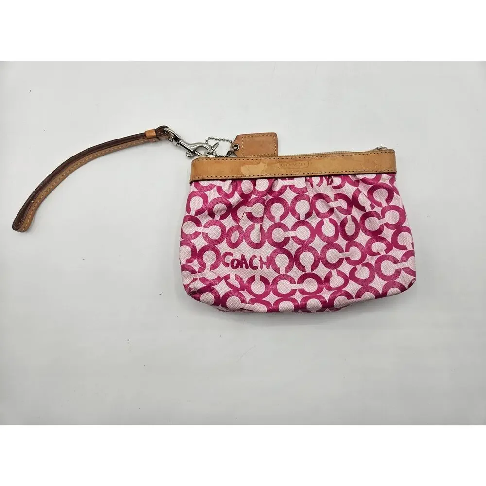 Coach Leah Opt Art Pink Coated Canvas Tan Leather Cosmetic Toiletry Make-up Bag‎